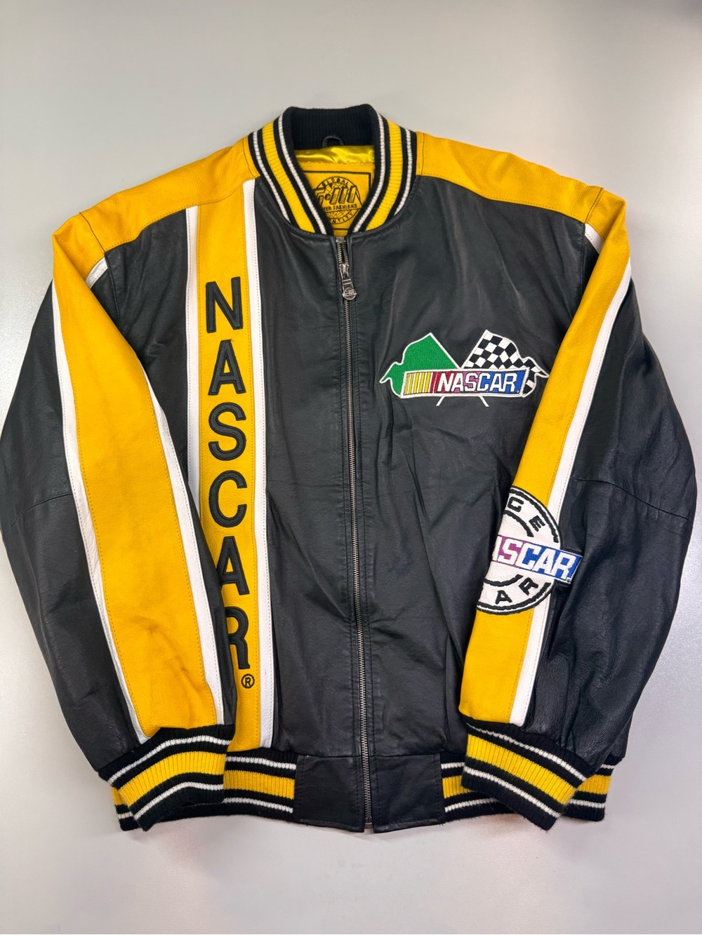 Vintage NASCAR Team USA Racing G-III Leather Jacket Black Yellow Size L